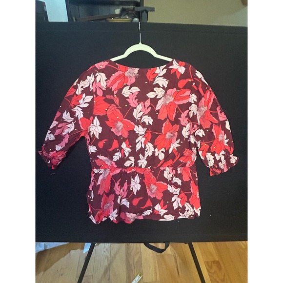 Harve Benard Floral Print V Neck Tie Front Peplum Blouse XL Vibrant Preppy Chic - Picture 2 of 6